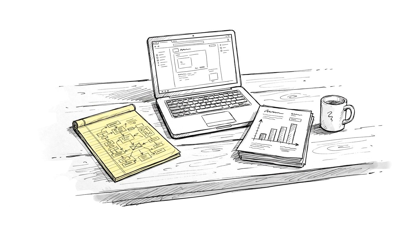 Ink drawing of a wooden desk with an open laptop, a yellow legal pad covered in a box-and-arrow diagram, a stack of printed reports showing a bar chart, and a coffee mug.